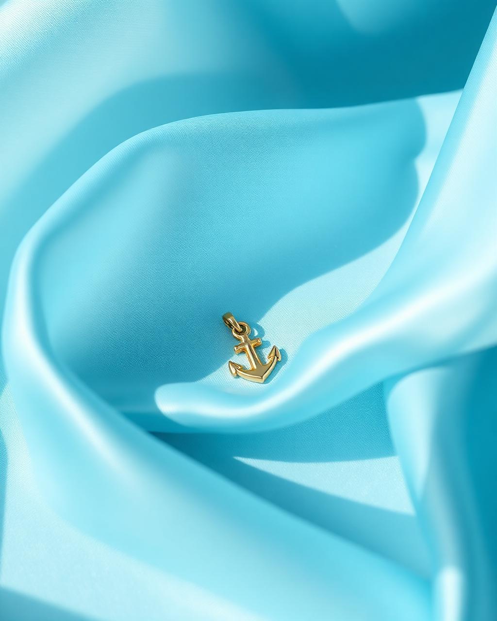 A small gold anchor pendant resting on flowing blue silk